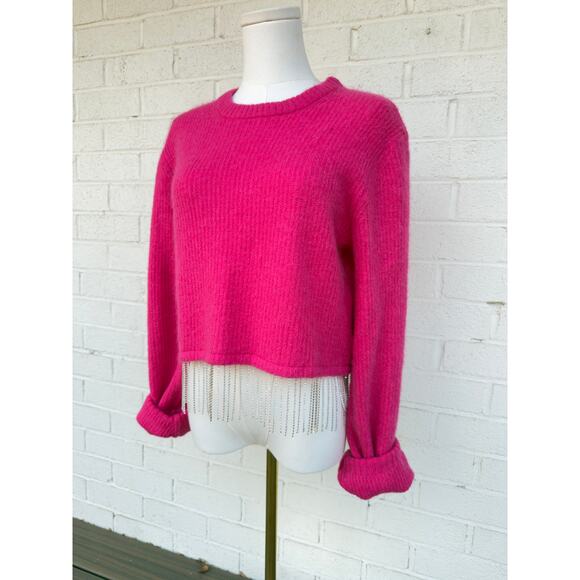 House of Harlow Hot Pink Fushcia Pullover Sweater Rhinestone Glam Dangle Small - Picture 3 of 8